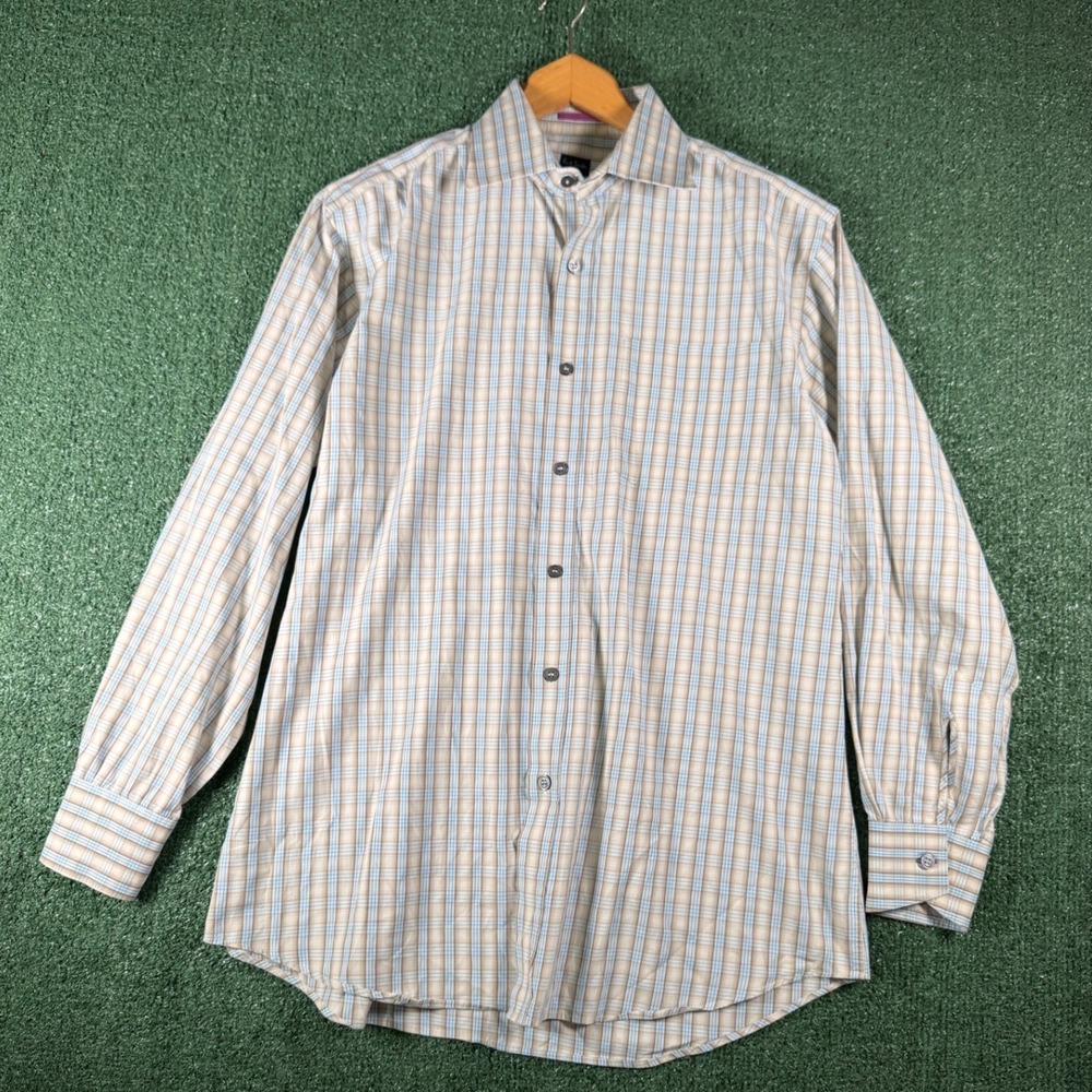 Paul Smith London Shirt Mens 15.5 Tan Blue Good Plaid Long Sleeve Button Down